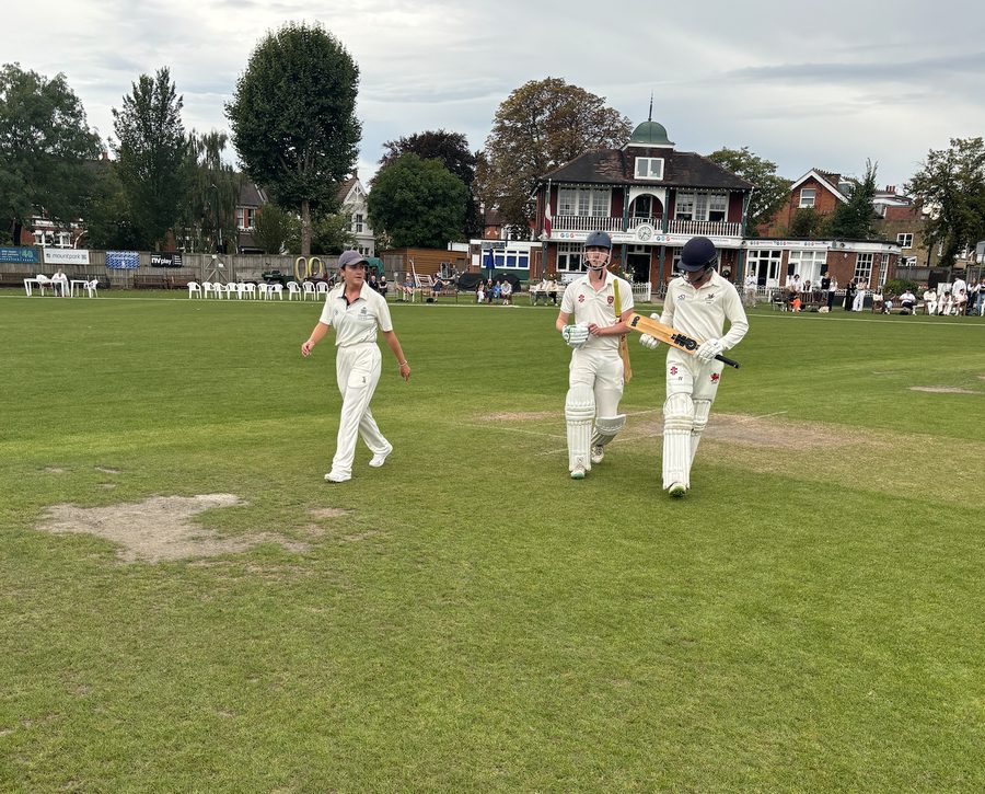 Two batsmen walking out to the crease with an umpire